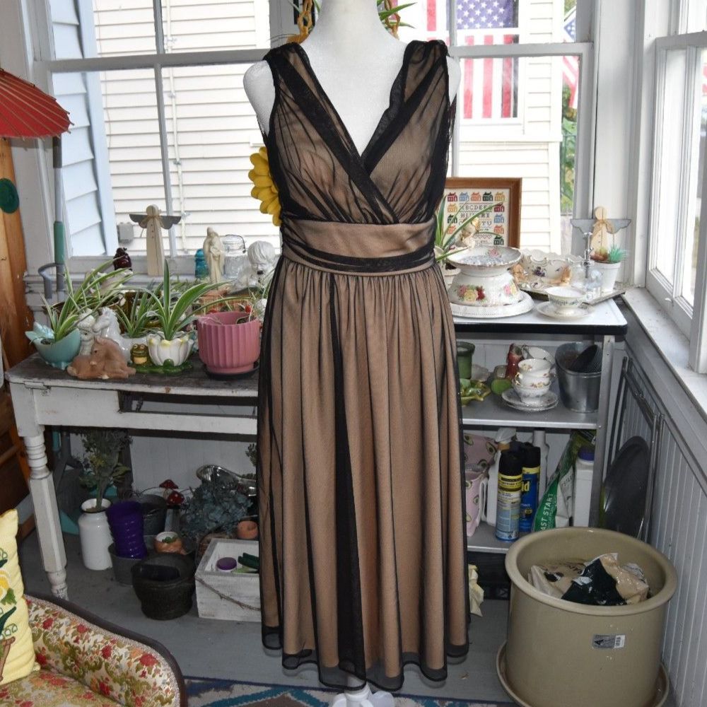 Y2K Newport News Black Nude Illusion Mesh Formal Maxi Dress Size 6 Goth